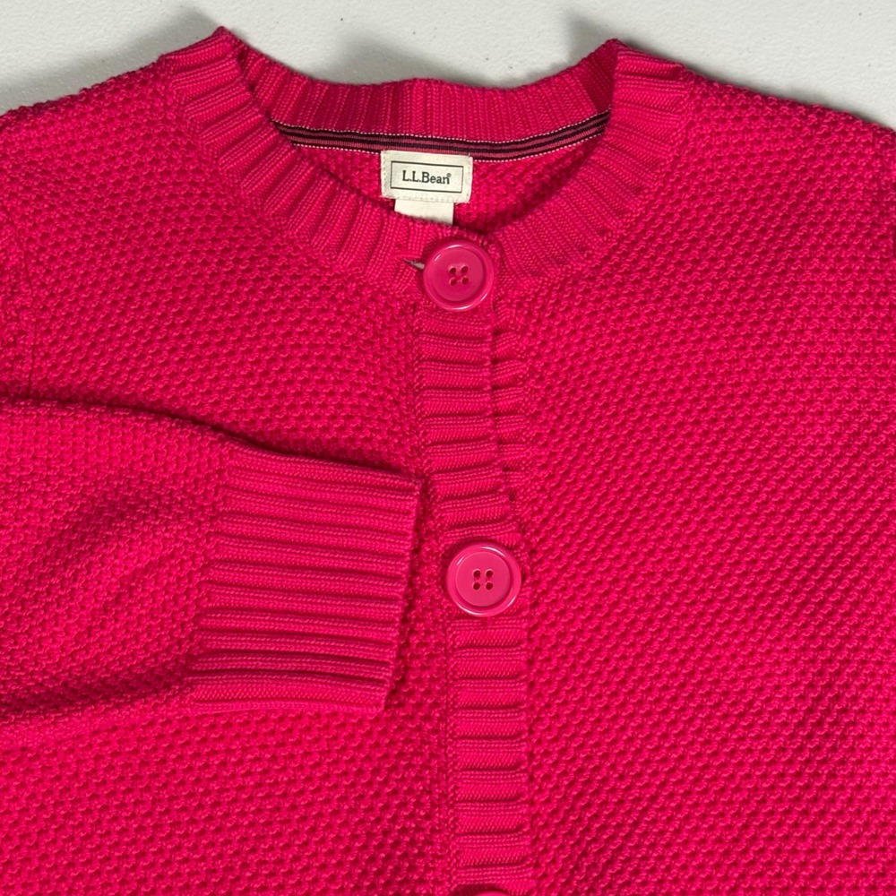 LL Bean Chunky Knit Coral Pink Textured Button Down Cardigan Sweater Womens L